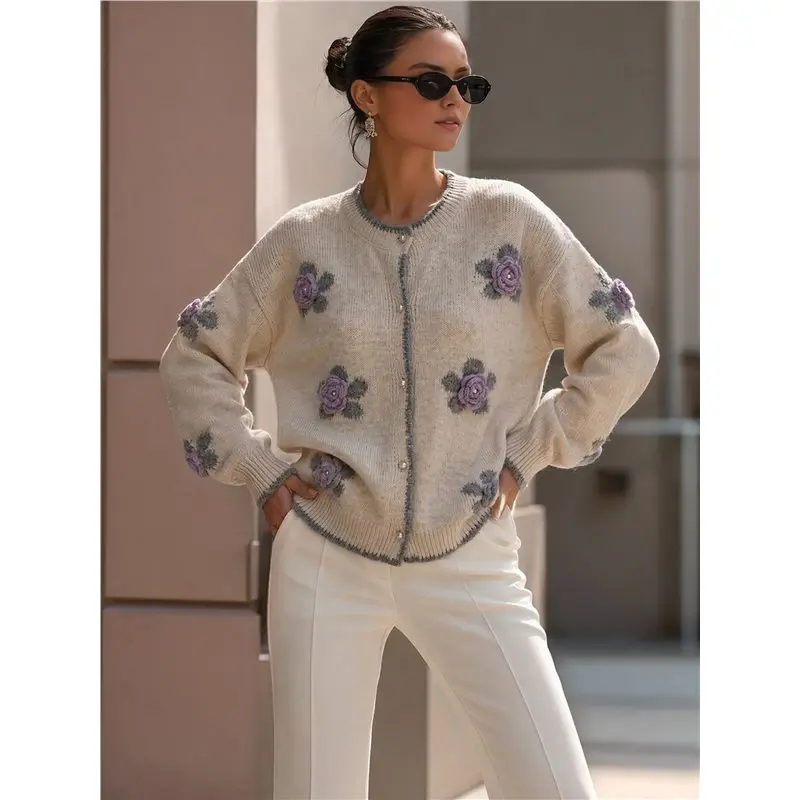 Women 3D Floral Applique Pearl Button Scalloped Trim Crew Neck Knit Cardigan Rice Apricot Color XL Eco-Friendly