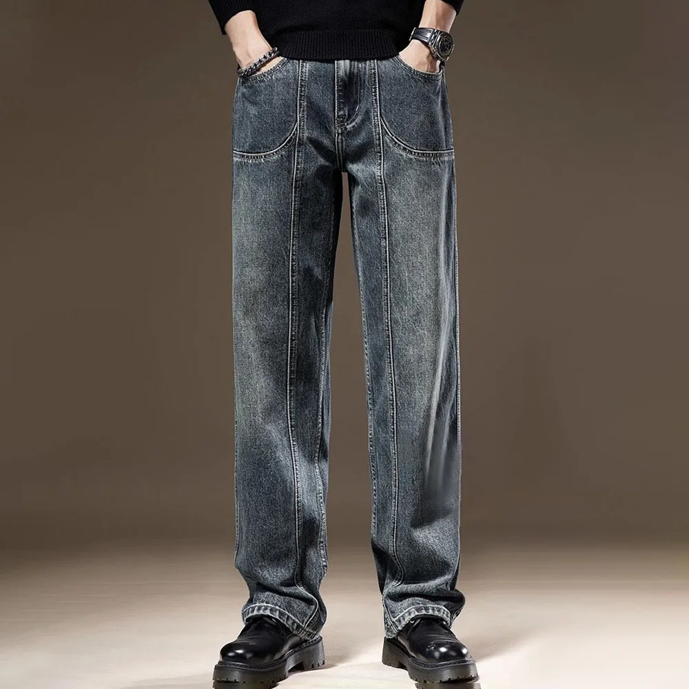 

High Quality American Retro Washed Nostalgic Patchwork Jeans Men 2024 Autumn New Loose Straight Wide-Leg Handsome Casual Trouser