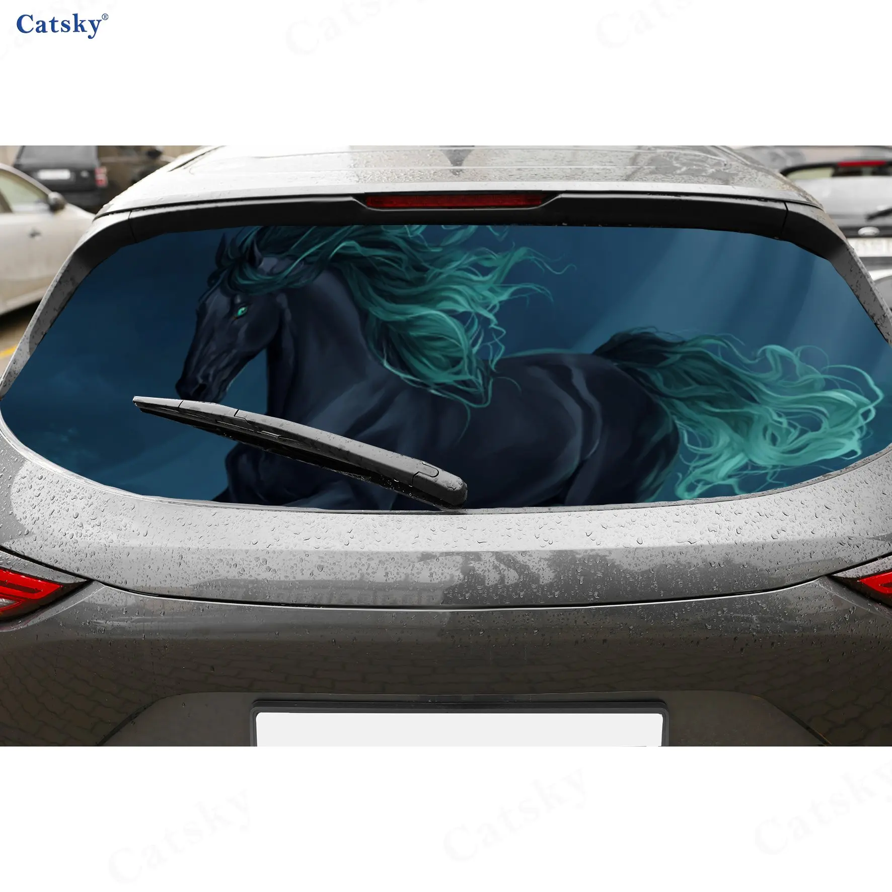 

Mysterious Fantasy Black Horse with Green Mane PVC Perforated Car Vinyl Wraps, Durable Car Rear Windshield Sticker, Waterproof C