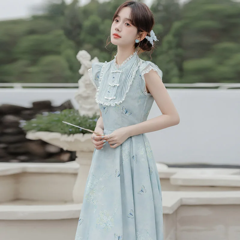 새로운 중국 스타일 레트로 민족풍 여성 여름 신상품 허리 조임 슬림 프린트 롱 드레스