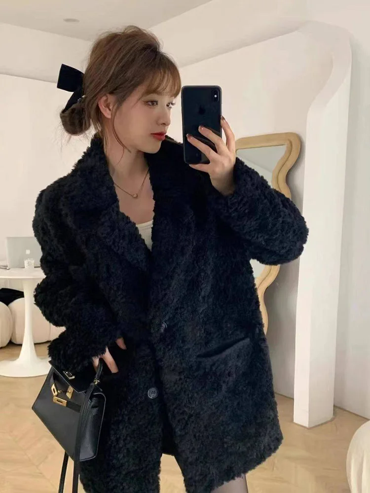 Black Y2K Faux Lamb Coat Women Vintage Long Sleeve Warm Winter Jacket Casual Retro Harajuku Streetwear Female Thick Tops Outwear