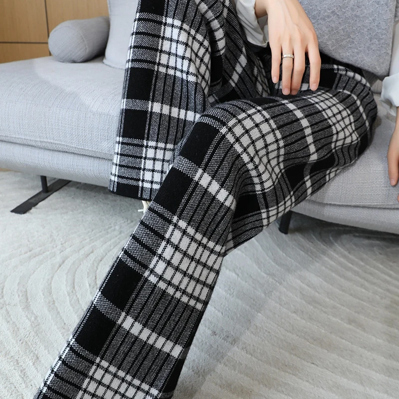 

Women's trousers autumn/winter new 100% wool high waist plaid wide leg pants casual lace elastic waist mopping pants fashionable