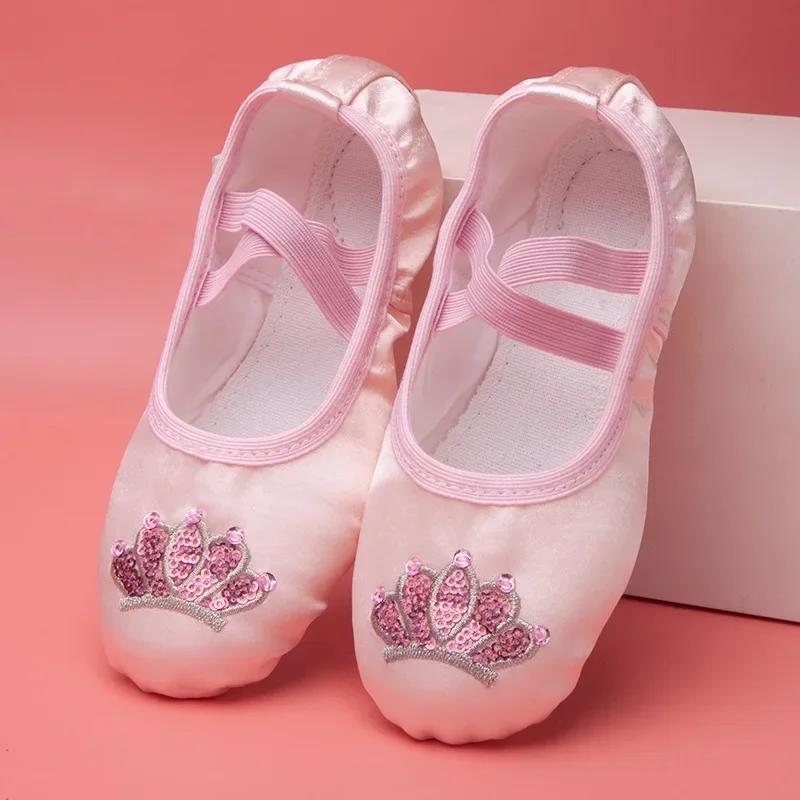 Victoria Pink Flesh Silk Flat Yoga Teacher Gymnastic Dance Shoes Embroideried Crown Children's Ballet for Girls Women