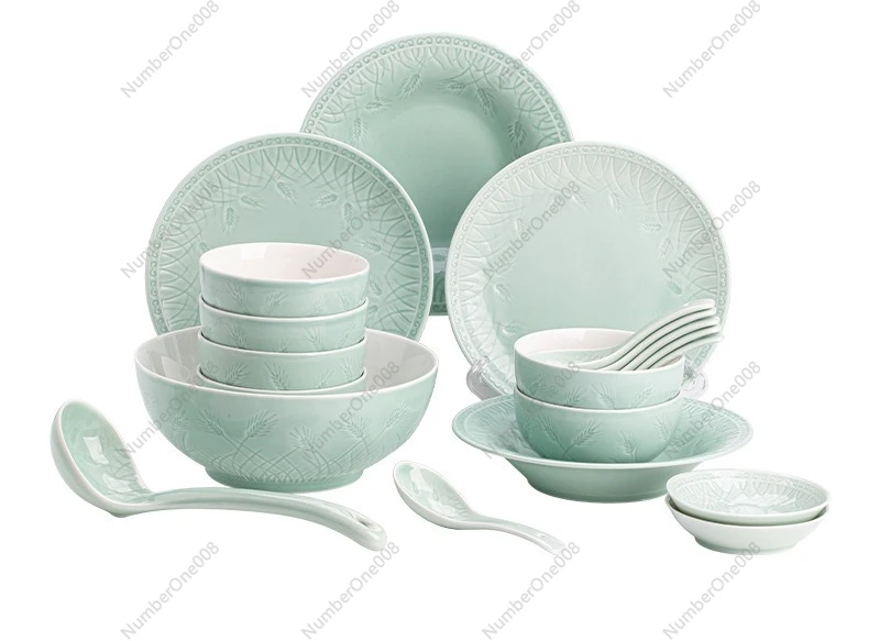 ชุดเครื่องถ้วยชามเซรามิกเซลาดอน 20 ชิ้น สีเขียวอ่อนลายข้าวสาลี ชุดจานชามสำหรับรับประทานอาหาร