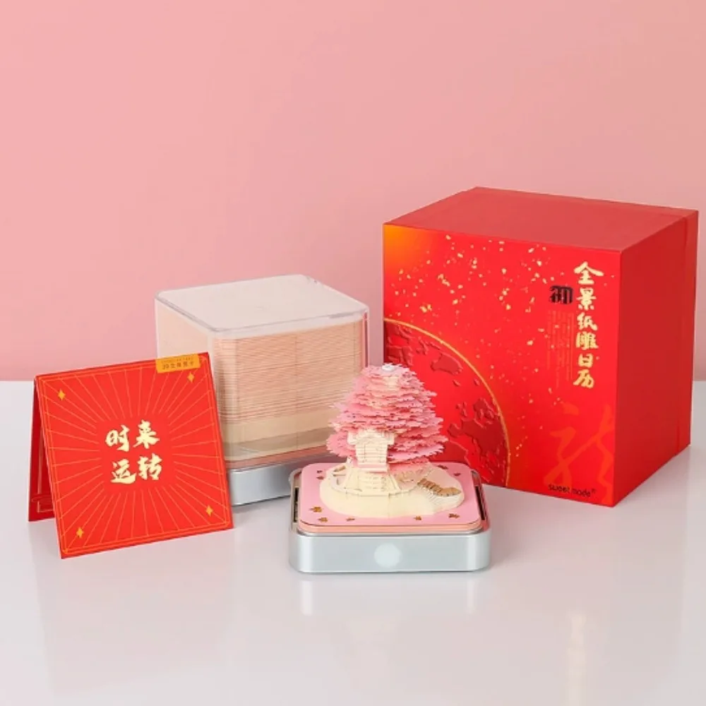 

2026 LED Light Notepad Paper Carving Desk Calendar Creative Ornament Gift 3D Flowering Tree Paper Carving Art Calendar Ornament