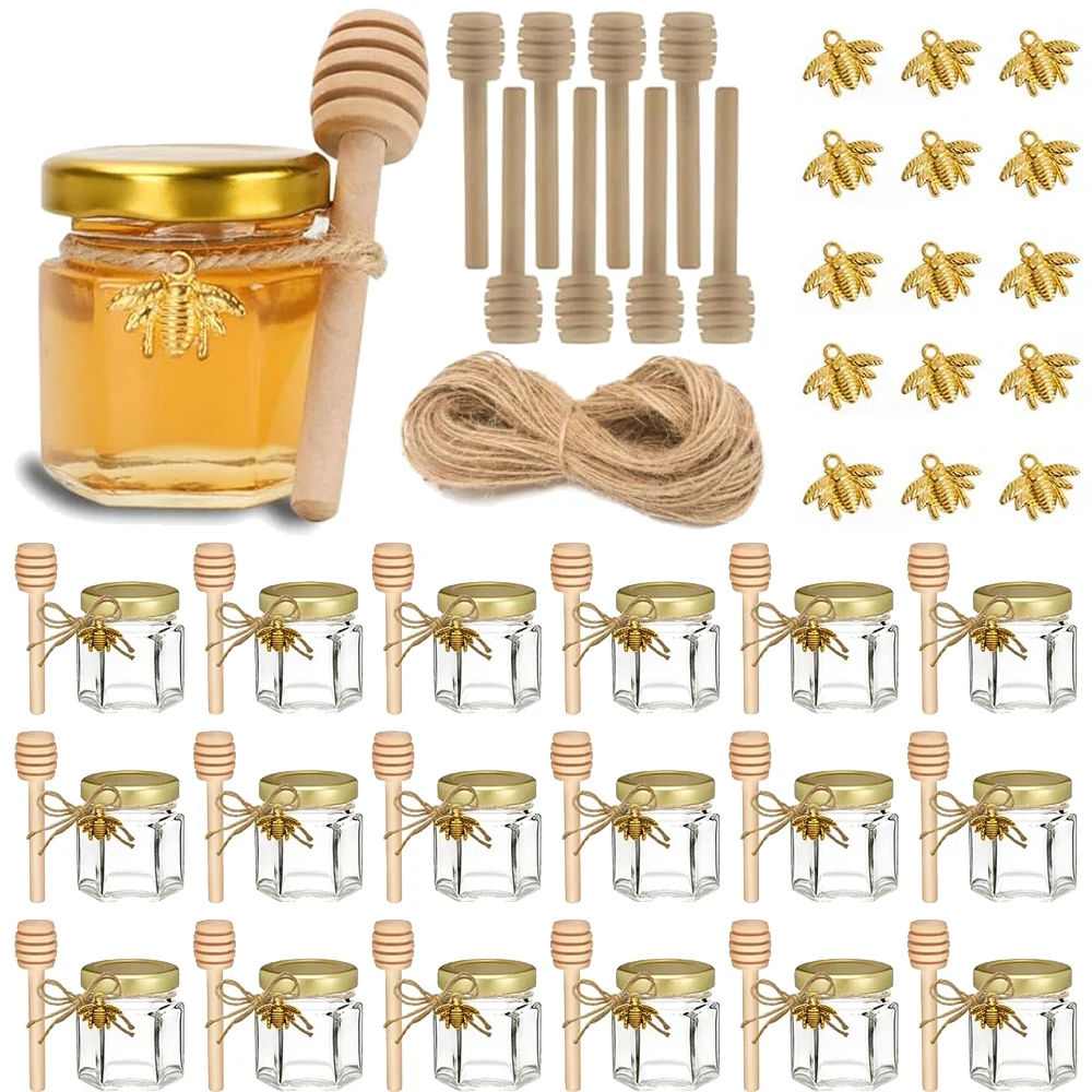 1.5 oz Hexagon Mini Glass Honey Jars Honey Jars with Wood Dipper, Gold Lid, Bee Pendants, Jutes - for Baby Shower, Wedding