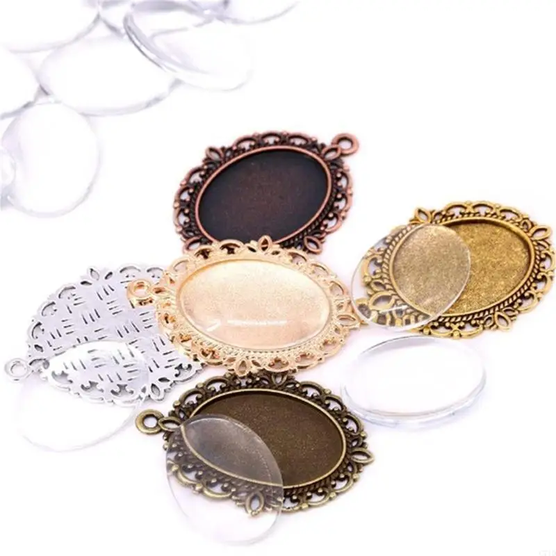 

60 Pcs Pendant Trays Metal Flat Pendant Blank Trays Bezel Oval Base Setting Charms Pendant for DIY Jewelry