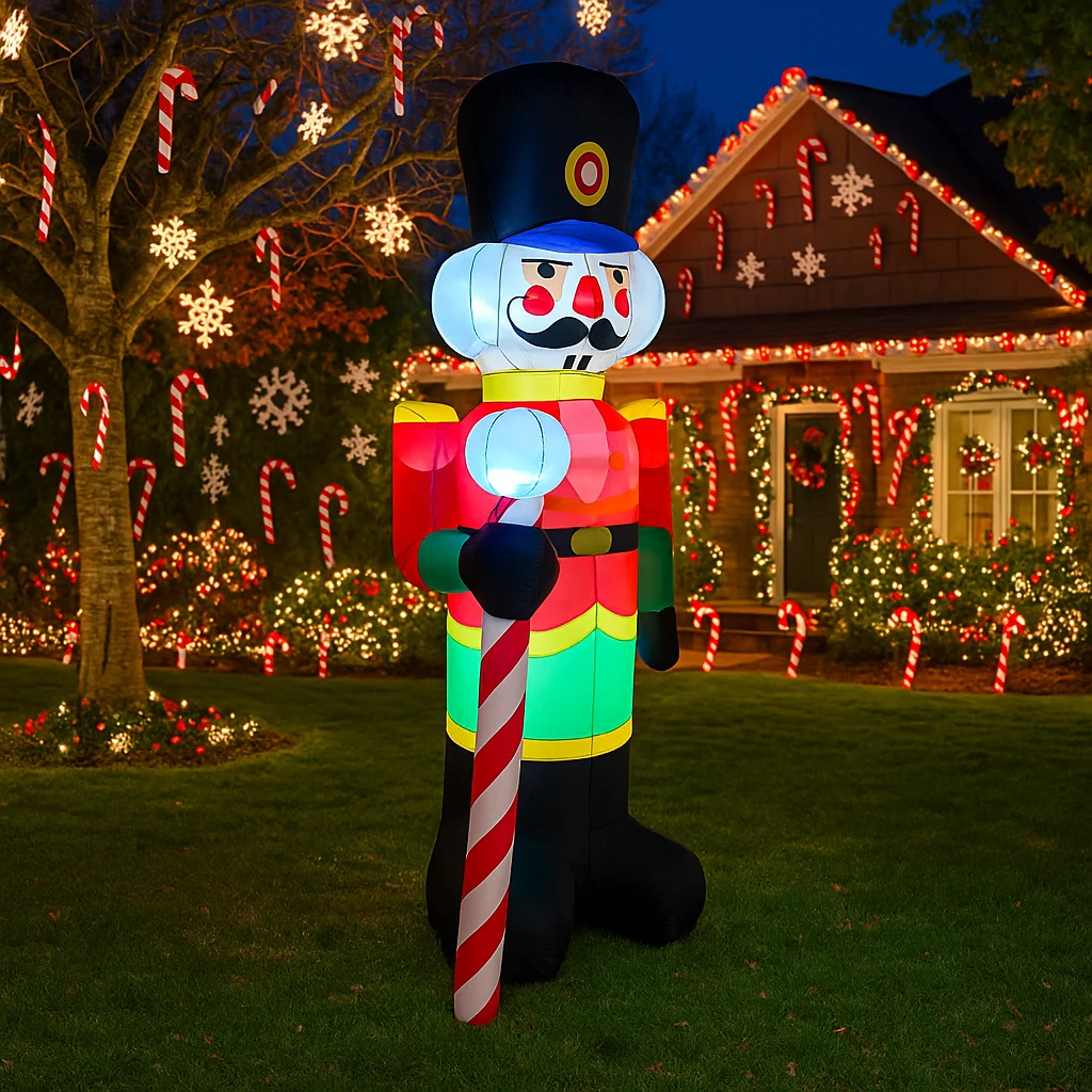 Cascanueces inflable de Navidad de 2,4 M/7,8 pies, soldado, bastón de caramelo, luces LED, decoraciones para el hogar, juguetes, patio, decoración de iluminación navideña