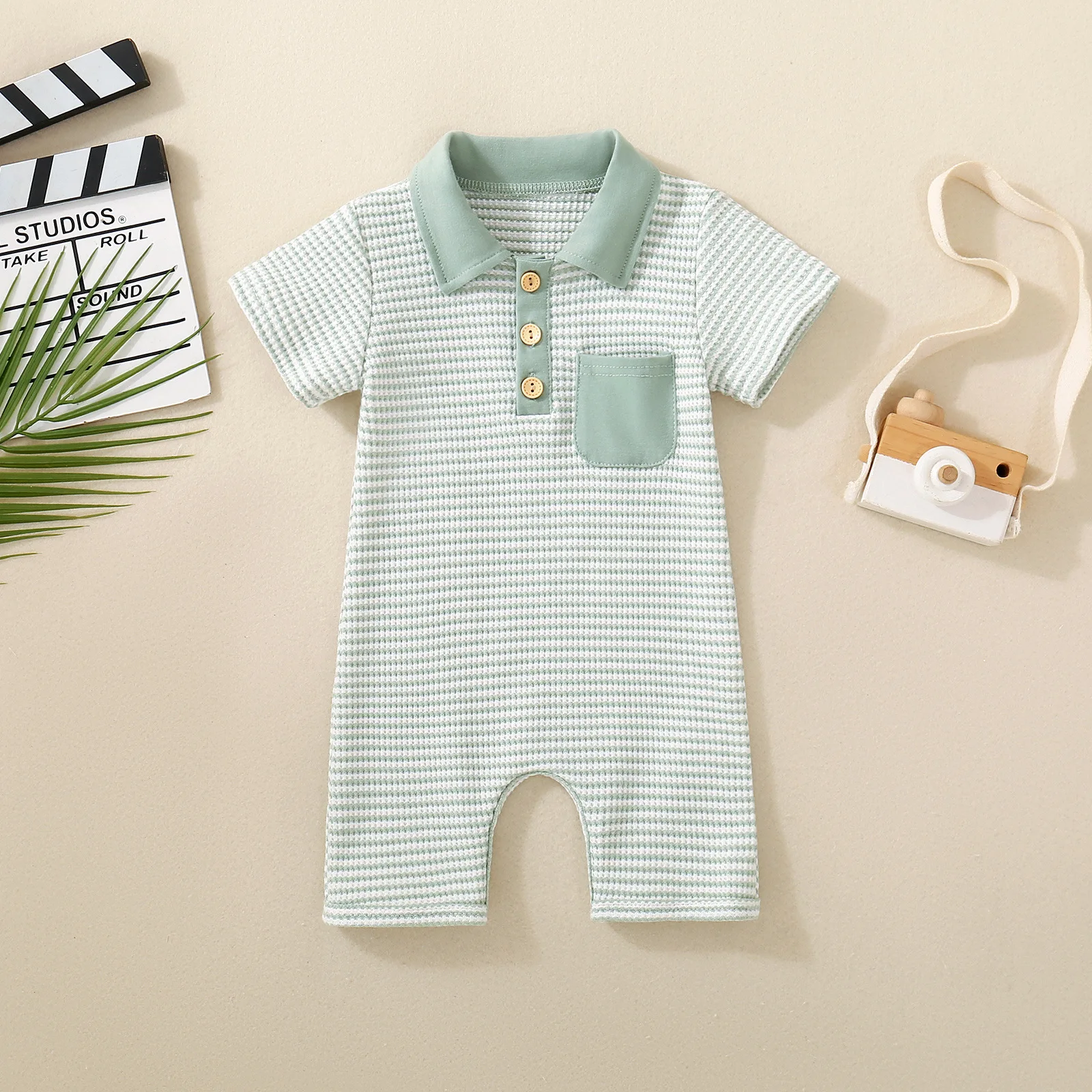 Summer neutral infant three-color striped turtleneck short-sleeved onesie climbing suit casual