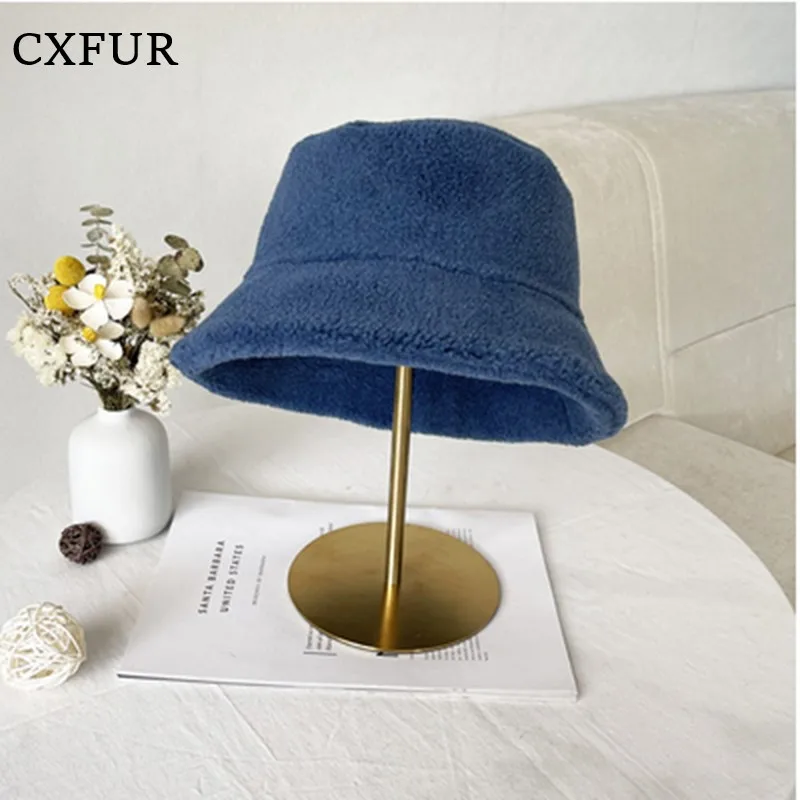 New Colorful Decorative Outfits Real Lambswool Winter Bucket Hat Furry Women Hats CX-C-291