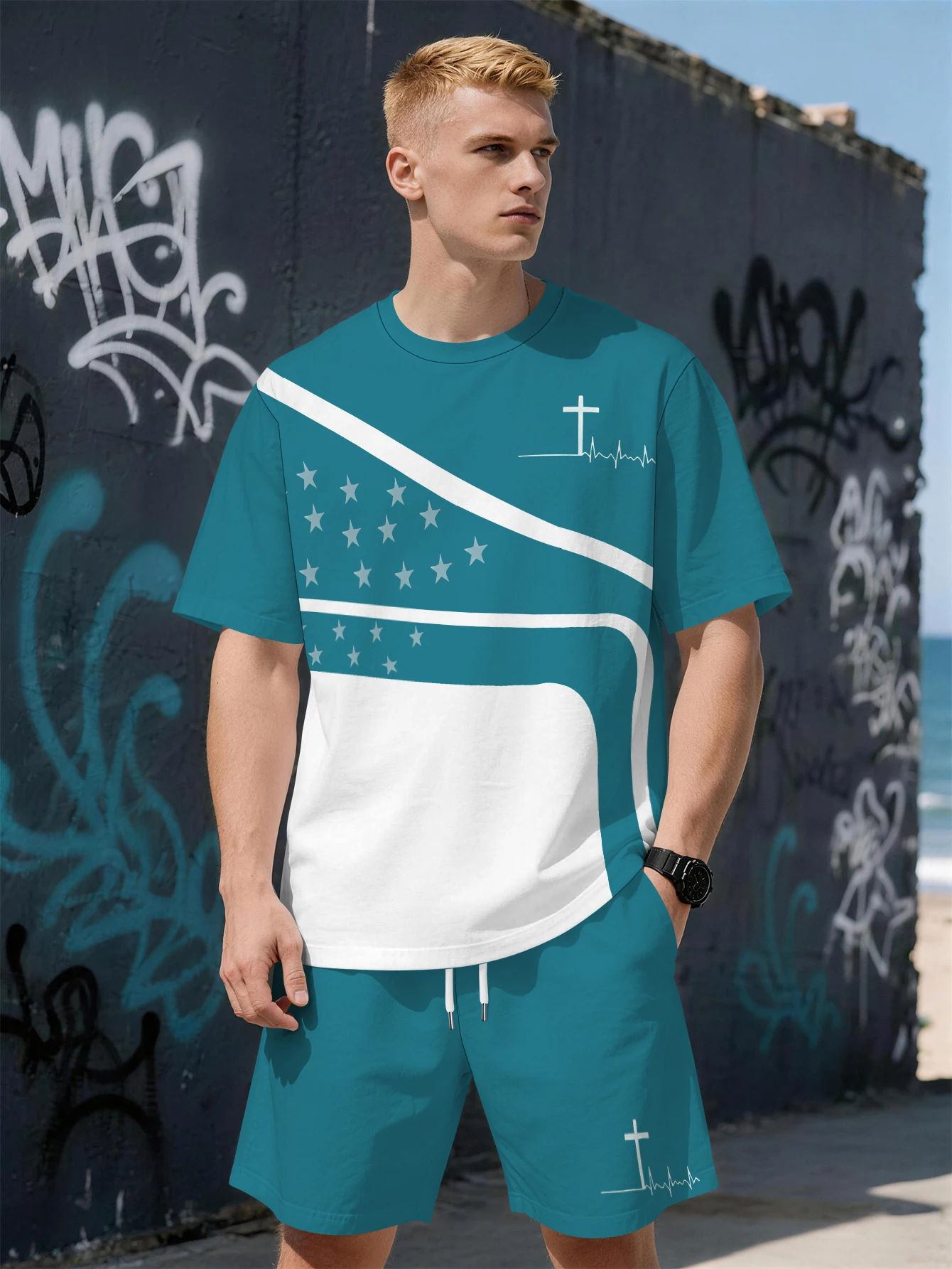 

Новый летний мужской комплект 2026 года с коротким рукавом и 3D-принтом для уличной повседневной моды: удобный и мягкий