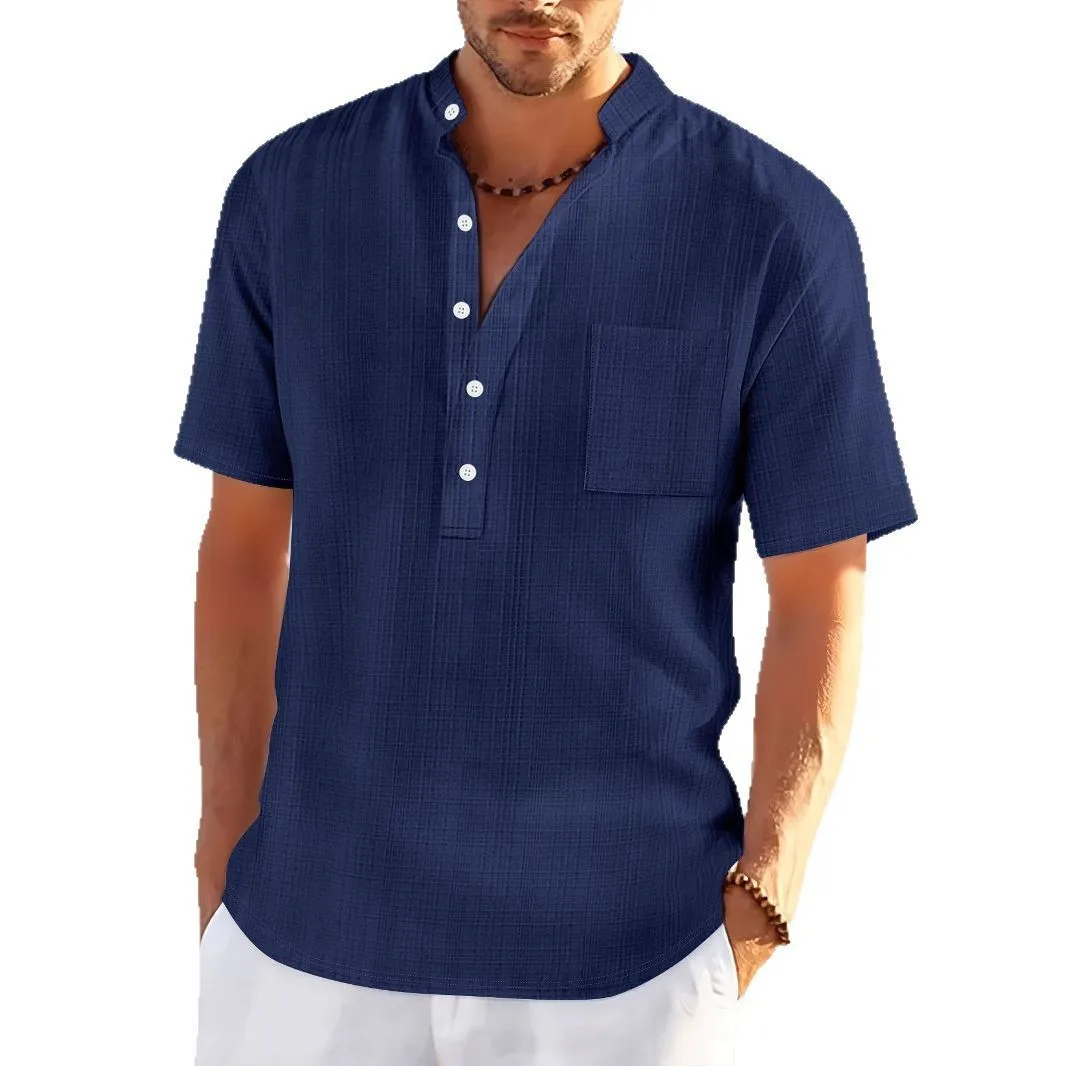 Blouse men 2026 casual summer stand-up collar cotton linen short-sleeved shirt loose casual jacquard shirt men's clothing