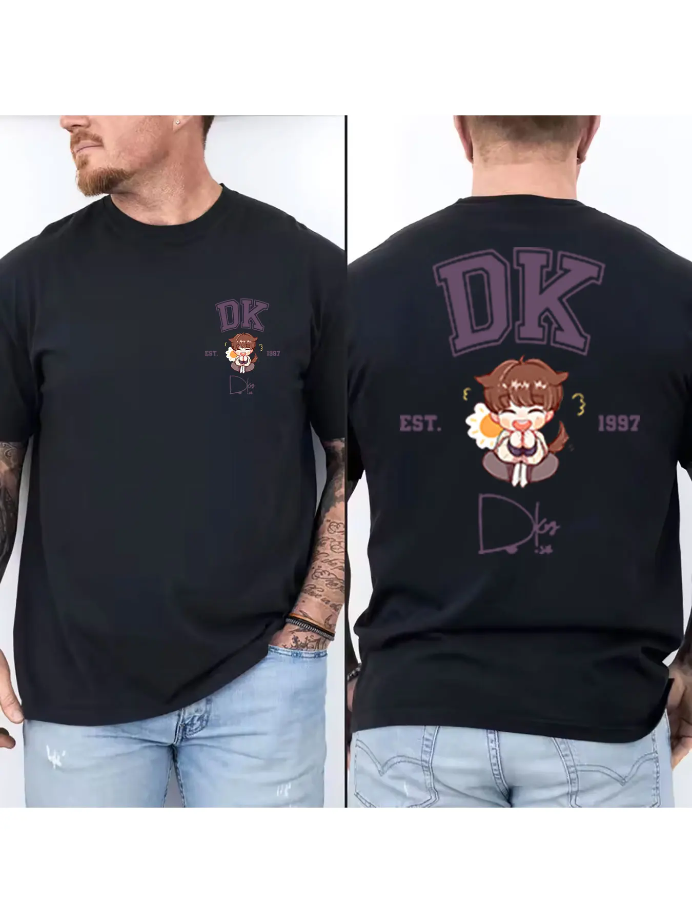 Cute Chibi Style Dog Ear Boy Graphic Cotton T-Shirt, Vintage Varsity Letter Print Casual Crew Neck Tees, Soft Breathable Short