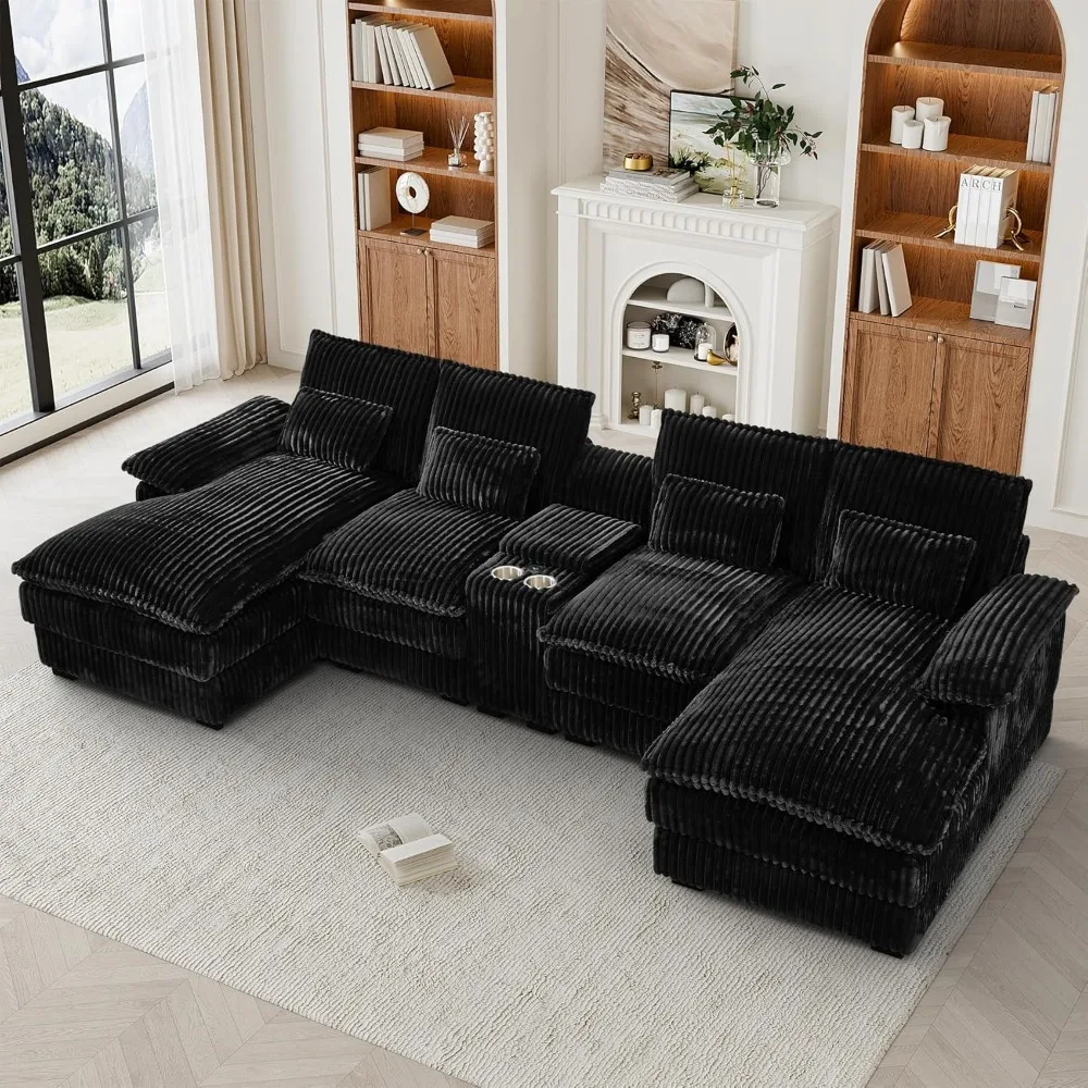 

HYJT-H&K 124" U Shaped Cloud Couch Sectional, Comfy Fluffy Plush Corduroy Black Sectional Couches for Living Room, Modern Modula