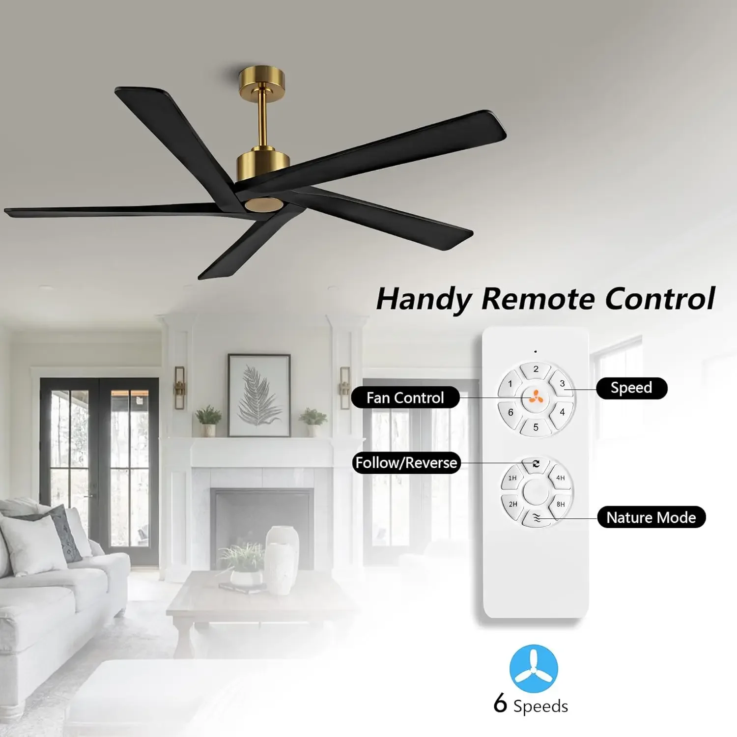 Inch DC Ceiling Fan without Lights, 5 Reversible Carved Solid Wood Blades, 6-Speed Noiseless DC Motor, Ceiling Fan No