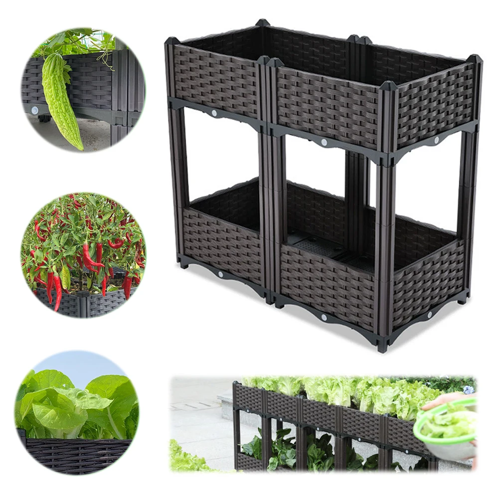 

2 Tier Balcony Vegetable Pot Wear Resist Plastic Planter Box Lightweight Elevated Plant Pots for Flowers Tomato and Herbs