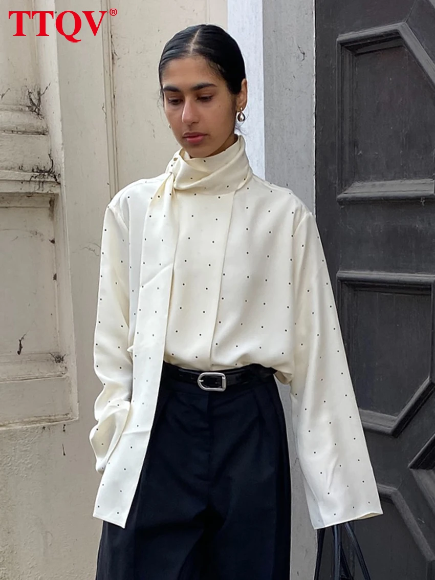 

TTQV Fashion Loose Print Women Shirt 2025 Casual Stand Collar Long Sleeve Shirts Elegant Classic Lace-Up Top Female Clothing