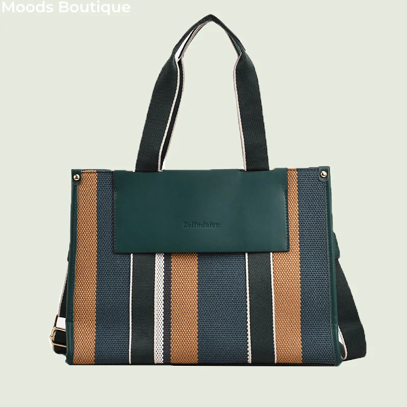 MOODS Quality Canvas Tote Bag For Women 2023 Luxury Designer Handbag Contrast Color Striped Big Shoulder Crossbody Shopper Totes