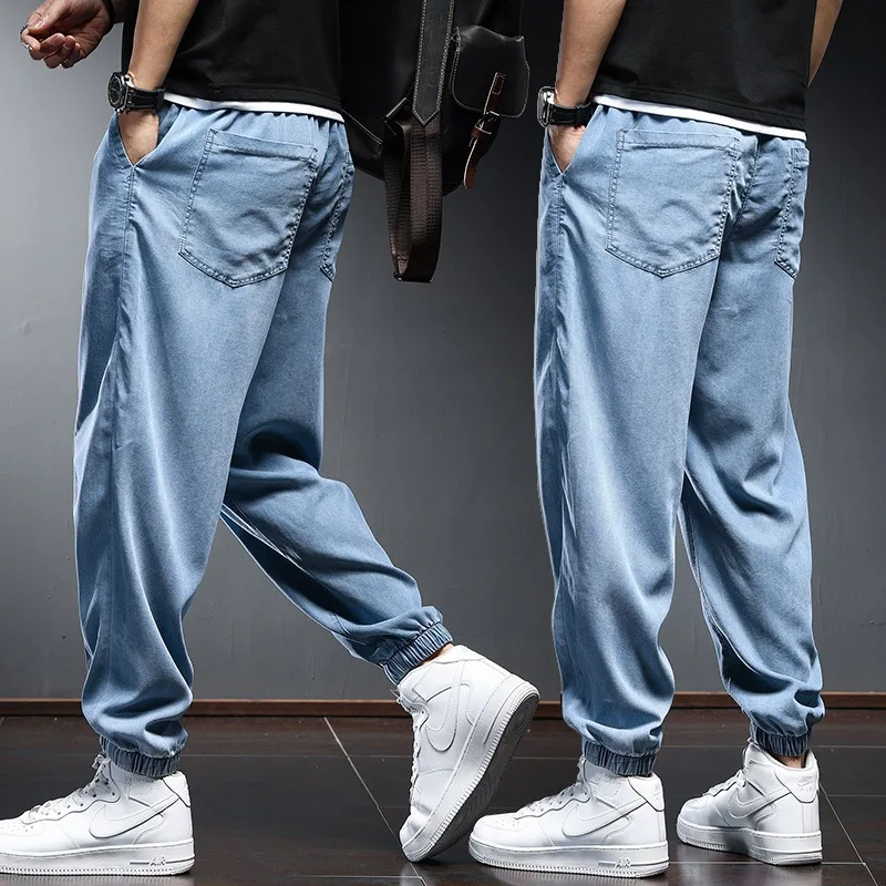 2022 Summer Thin Lyocell Jeans Men Joggers Streetwear Baggy Pencil Pants Hip Hop Casual Light Blue Elastic Waist Denim Trousers