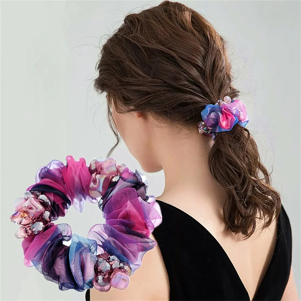 Fashion Organza Scrunchies Luxury Pearl Crystal Hair Rope Girl Bun Ponytail Rope Elastic Hair Bands For Women Hair Accessories