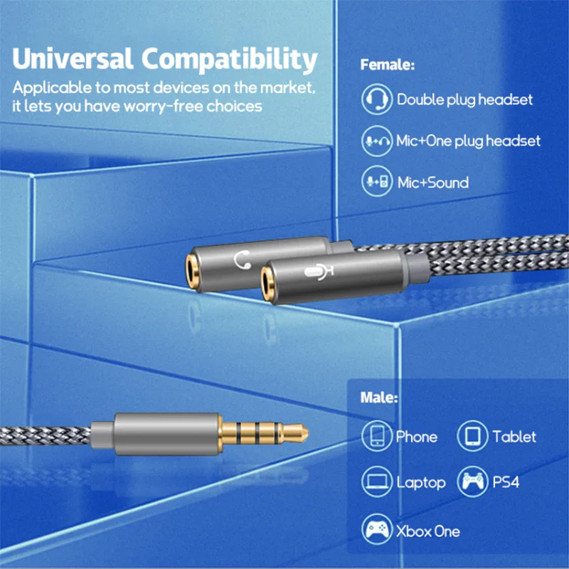 Rozgałęźnik słuchawkowy 3,5 mm Audio + mikrofon Stereofoniczny rozdzielacz słuchawkowy Audio 3,5 mm 4-biegunowy kabel Y do PS4, zestawu