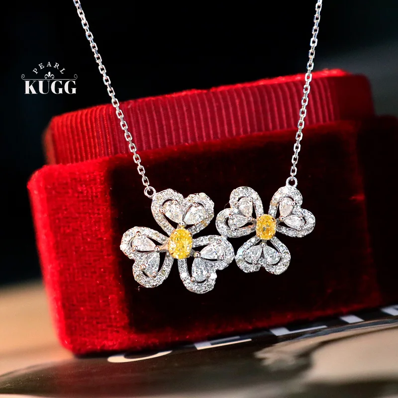 

KUGG 100% 18K White Gold Necklace Luxury Romantic Style Real Natural Yellow Diamond Necklace for Women High Party Jewelry