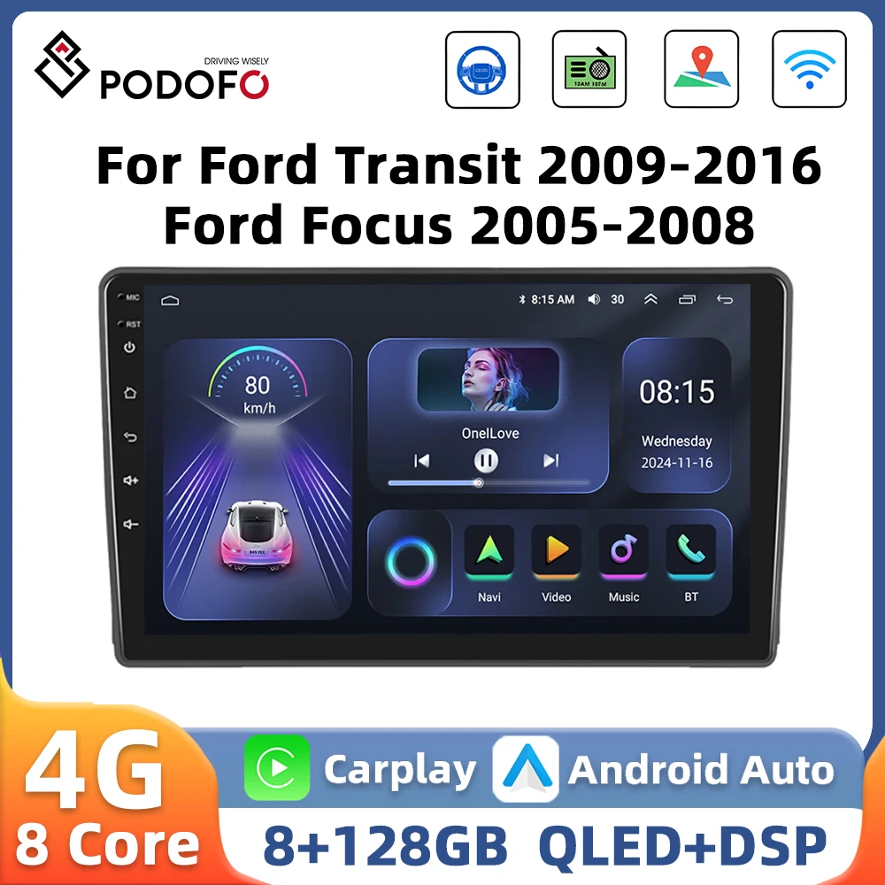 Podofo WIFI 4G Car Radio For Ford Transit 2009-2016/Focus 2005-2008 Multimedia Player Carplay Android Auto GPS AI Voice 8Core