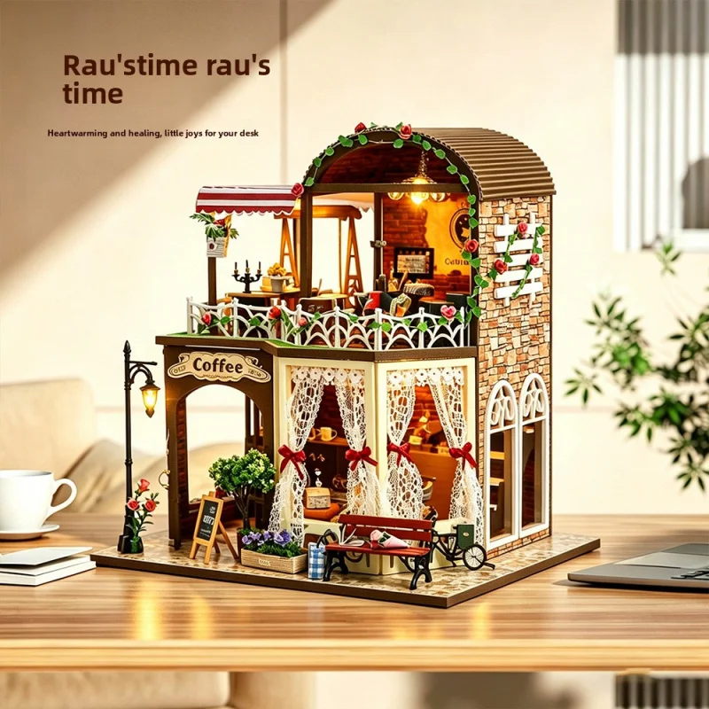 

Wooden retro European style miniature coffee house architectural model DIY hand-assembled cabin desktop decoration
