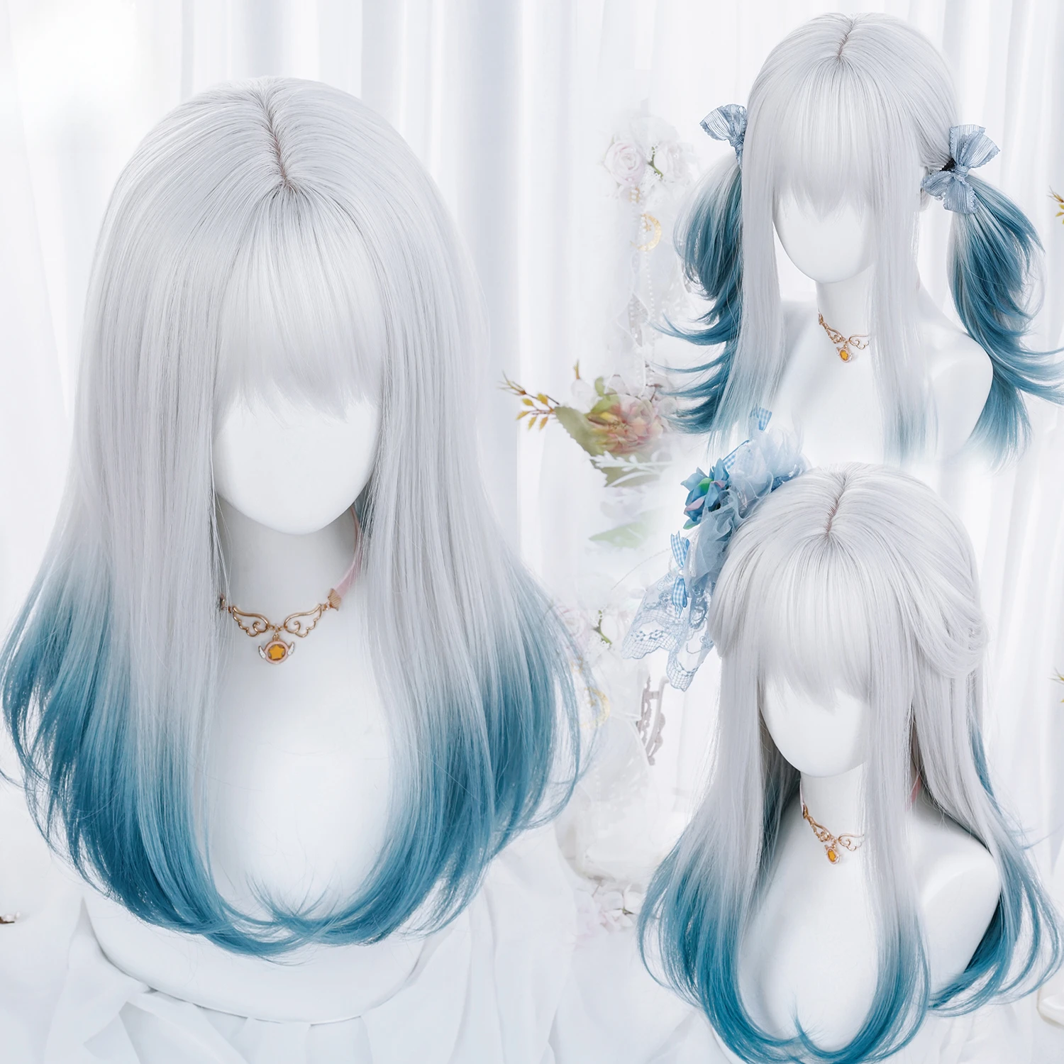 

Women Synthetic Lolita Wig Long Straight Ombre Two Tone Silver Grey Blue Hair For Cosplay With Bangs