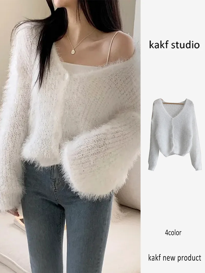 Mink-like V-neck Sweater Outerwear Women Autumn and Winter South korea Chic Idle Sle Cardigan  Long sleeve Knit Top