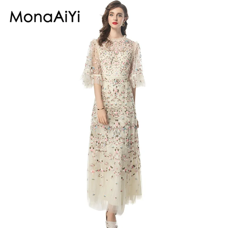 

MonaAiYi Mesh Embroidery Design Women's Dress Flare Sleeved High Waiste Fashion Party Summer Dresses