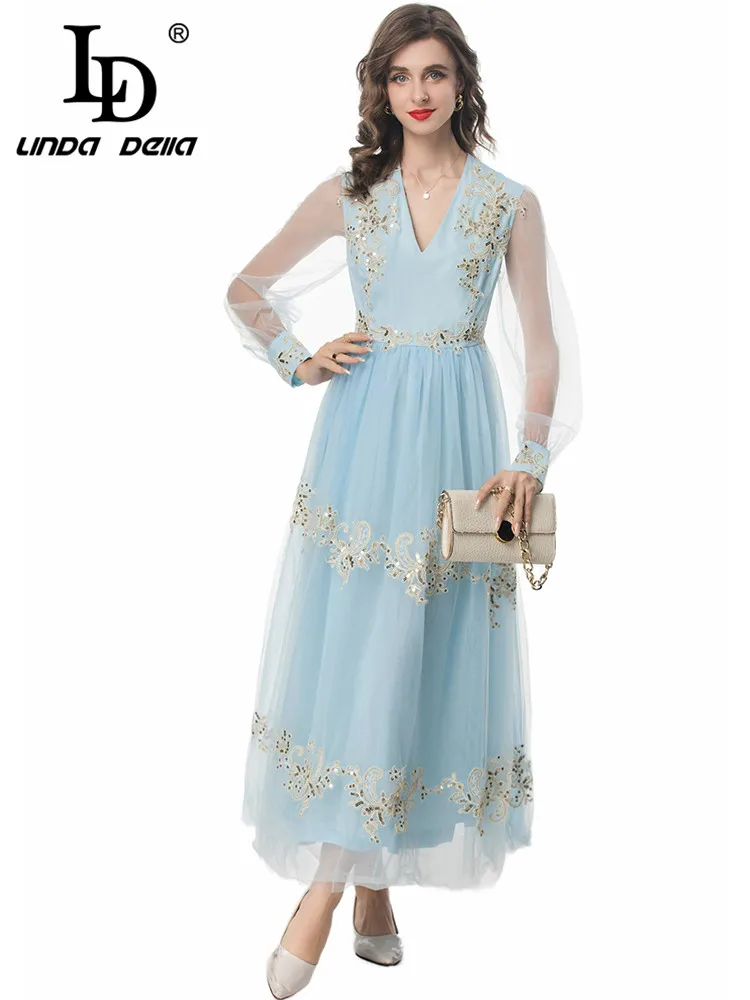 LD LINDA DELLA Summer 2024 luxury Designer Dresses for women Vintage Elegant Embroidery Sequins Net Yarn Princess Dresses