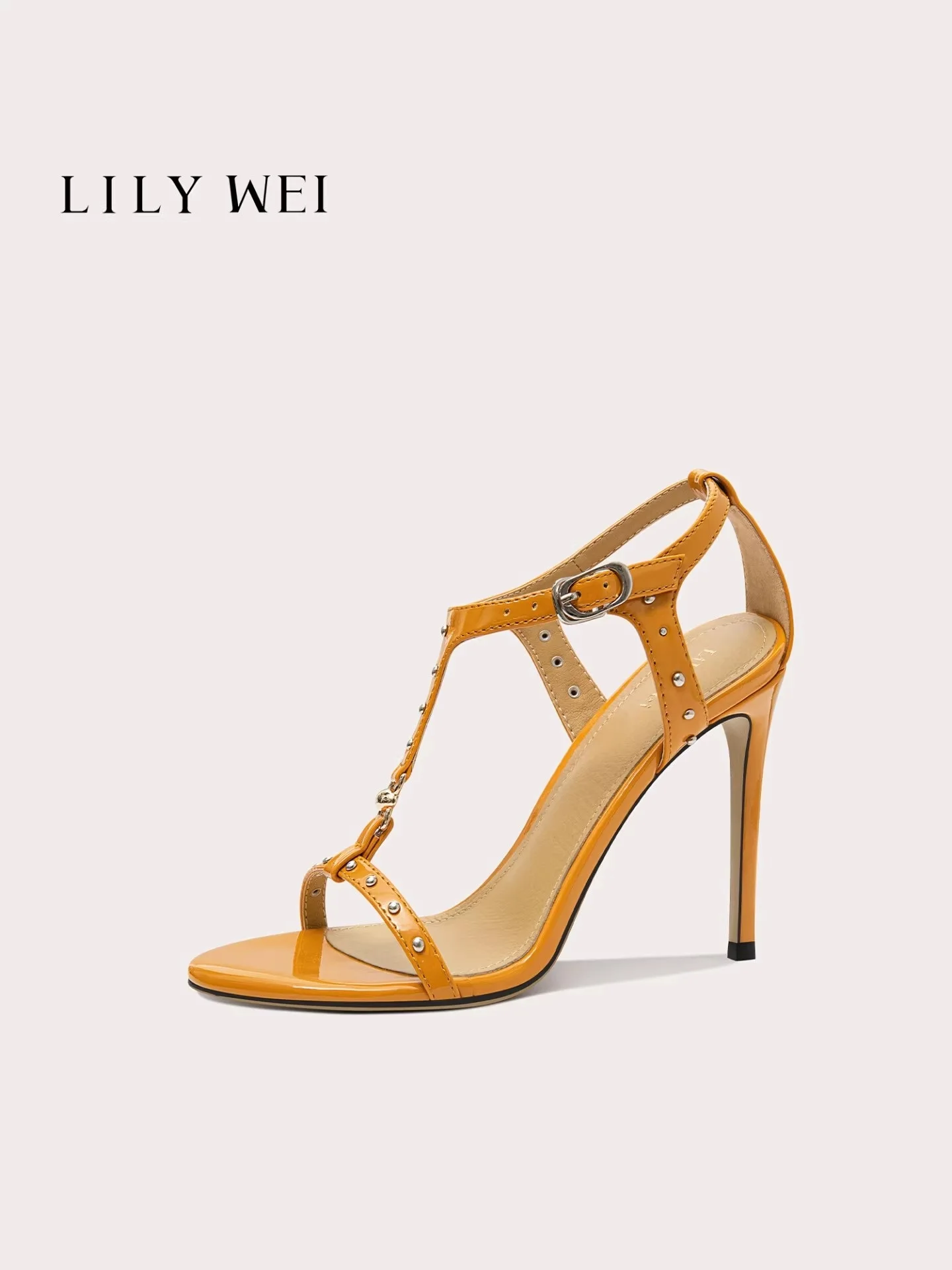 

Stiletto heels summer new round toe open-toe leather T-belt metal rivet sandals banquet daily large size small size women sandal