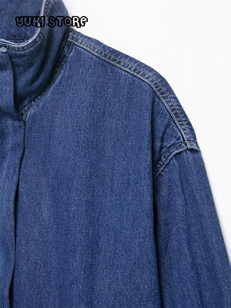 

Chic Stand Collar Denim Cropped Jackets Women Loose Zipper Pockets Full Sleeve Female Coats 2025 Autumn Lady Outwear