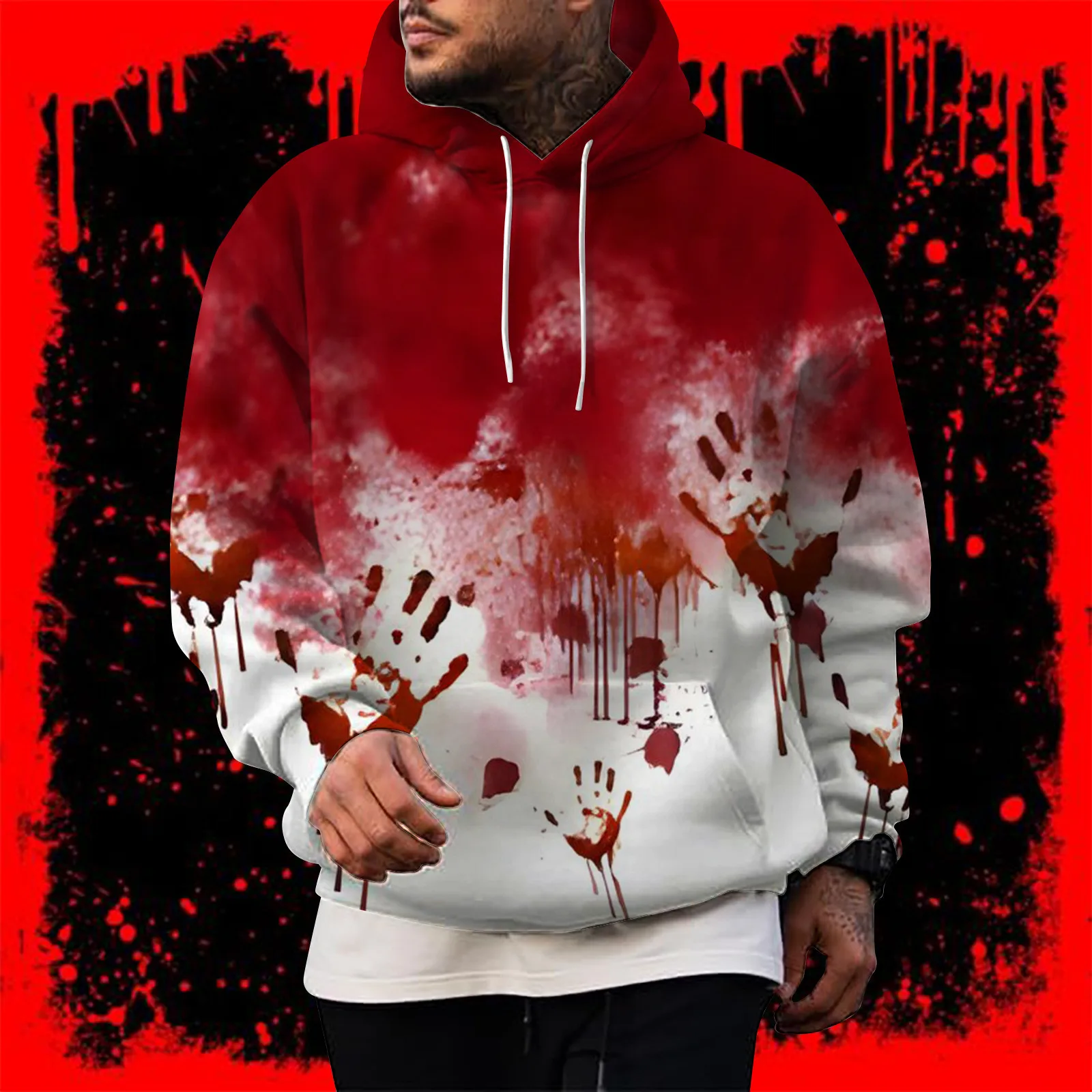 

Mens Fashion Casual 3D Digital Printing Halloween Print Hooded Pullover Long Sleeve Hooded Men's Hooded Sweatshirt Pullover