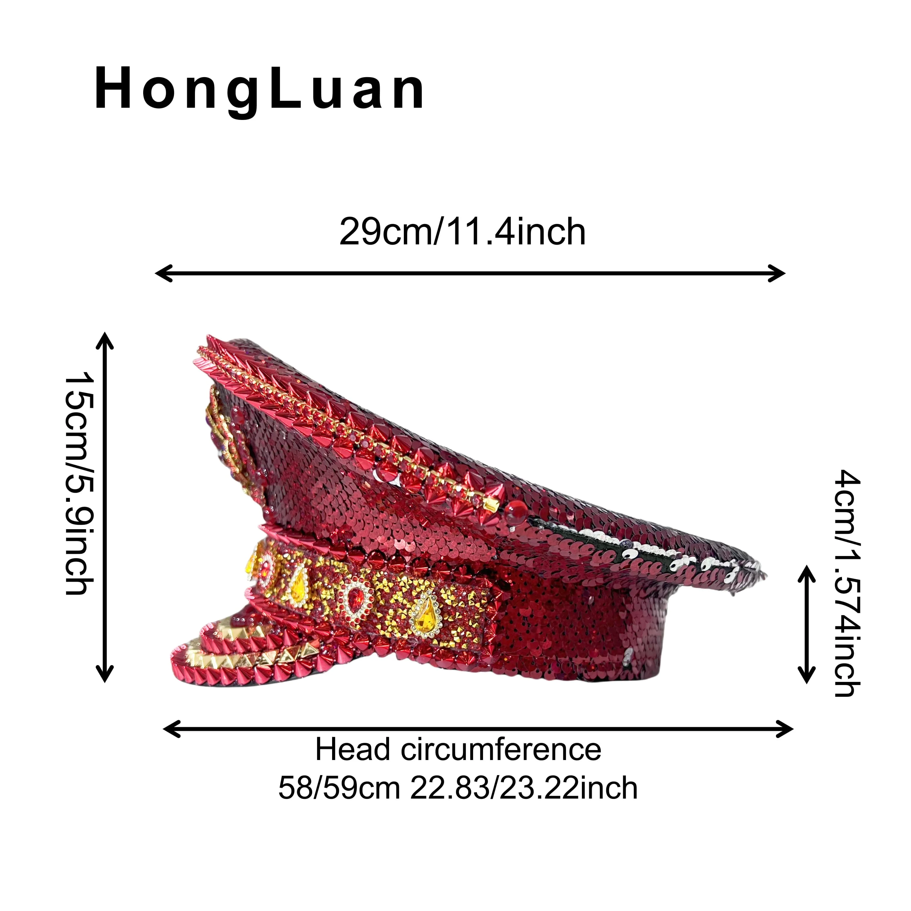 HongLuan Red Captain Hats Rhinestone for Burning Man Festival Woman, Halloween Costume Hat Adult, Cosplay Female Accessories