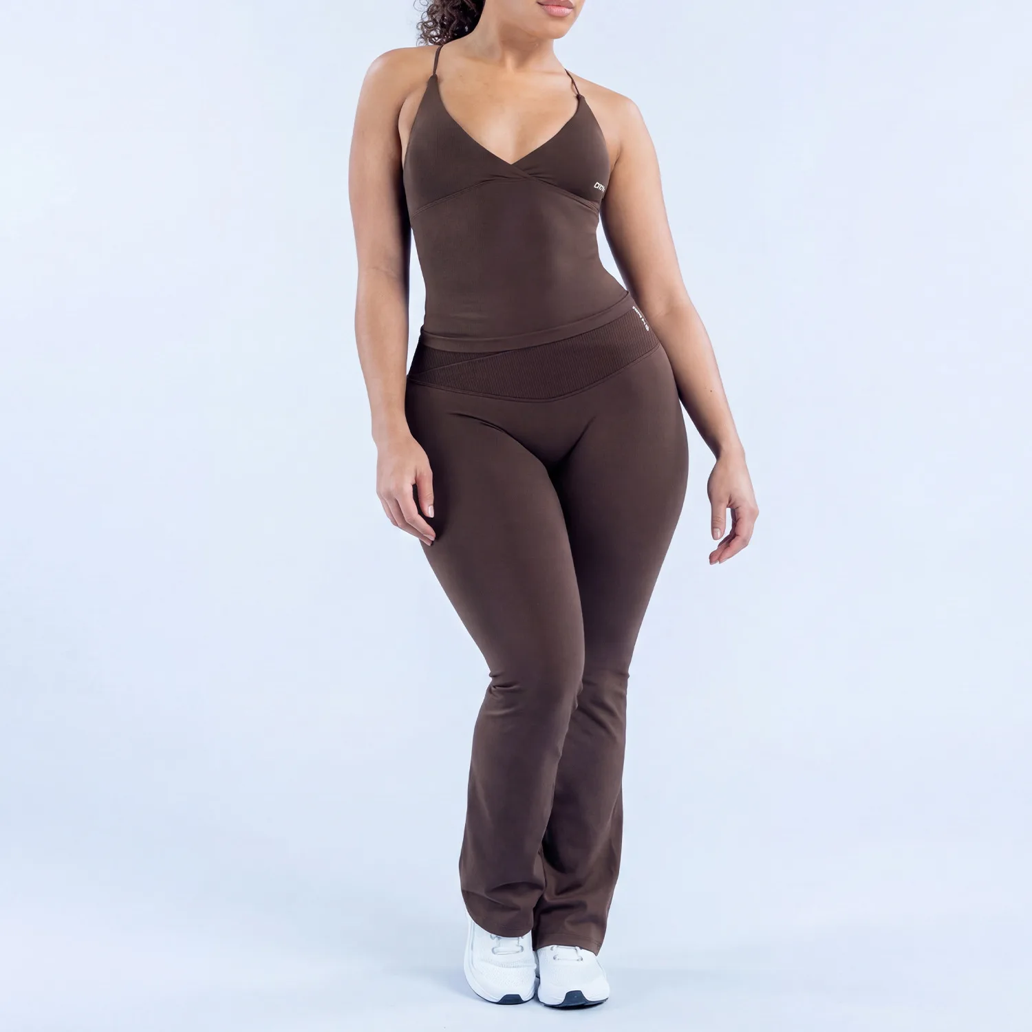 2PCS LOGO Fitness  Halter V‑Neck Push Up Sports Bra High Waist Flare Leggings Soft Stretchy Hip Lifting Gym Workout Outfit Suit - view 2