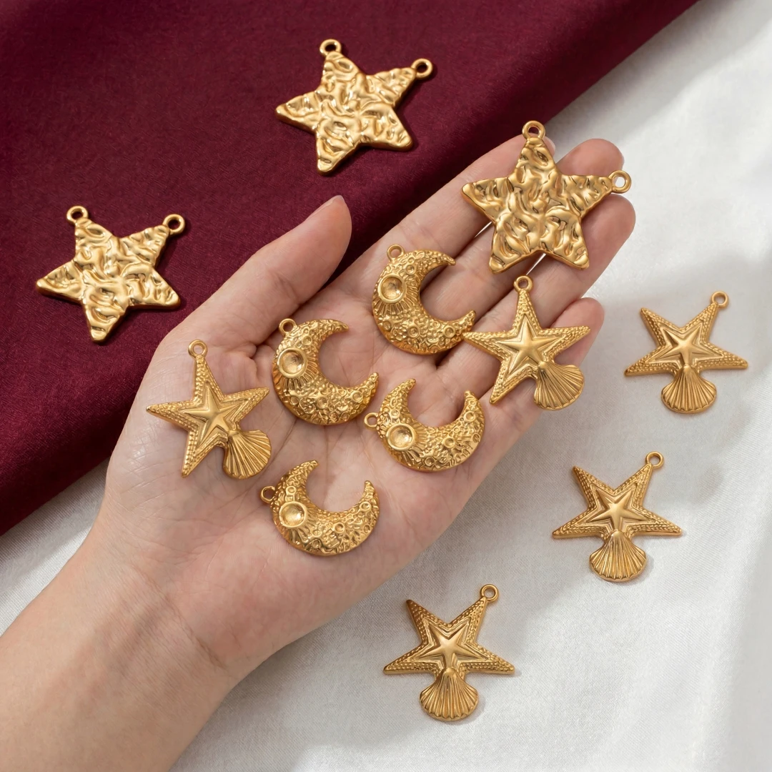 5pcs Stainless Steel Summer Starfish Beach Moon Star Charms Pendants for DIY Bracelet Necklace Earrings Jewelry Making Crafting