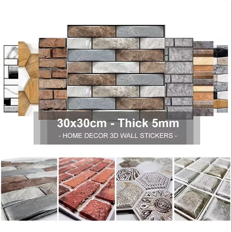 

3D Wall Stickers 30x30cm Water and Oil Proof Not Fade wall papers Imitation Brick Tile Stone grain cobblestone for Home Decorate