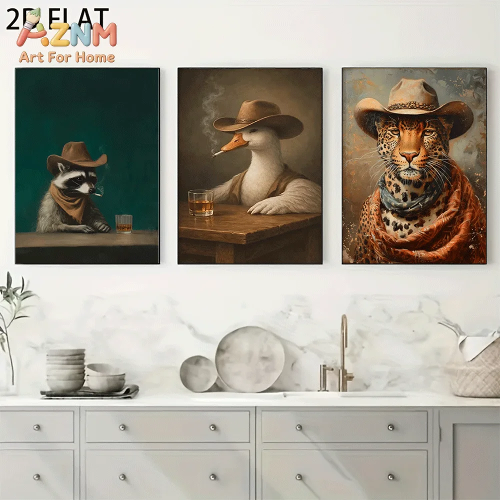 AZNM Frameless Canvas Wall Art, Retro Western Cowboy Animals Raccoon Duck Leopard Portrait Print, Cool Vintage Wall Decor for Li