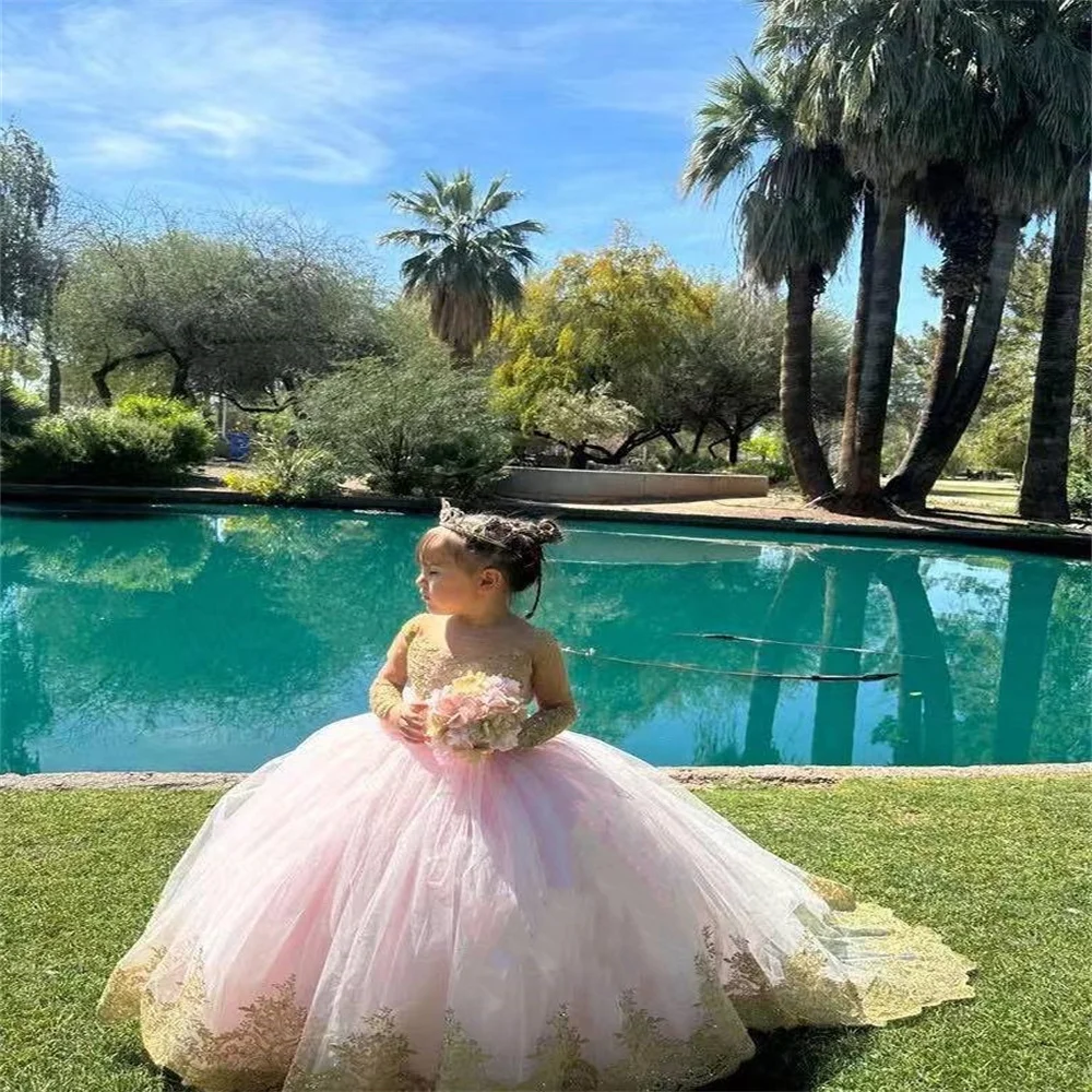 Vestidos de menina de flor com apliques de renda dourada para casamento mangas completas vestido de primeira comunhão de princesa para crianças festa de aniversário longa