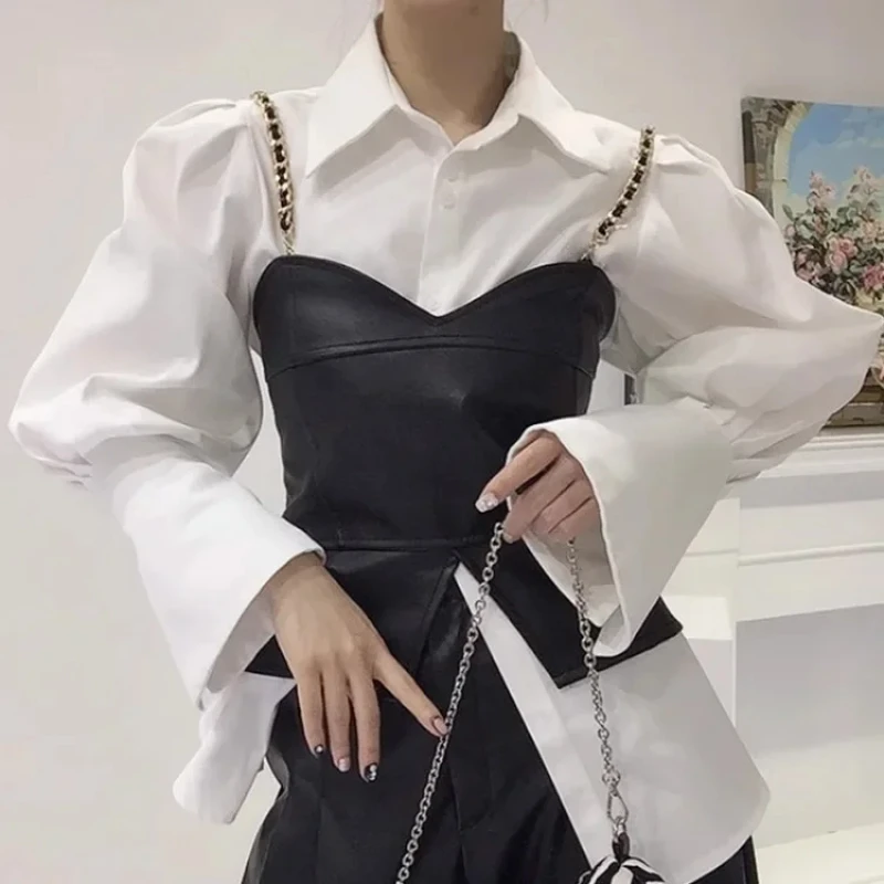 

Элегантные модные рубашки с длинным рукавом с лацканами + черный приталенный жилет из искусственной кожи для женщин 2024, осенние новые комплекты из двух предметов