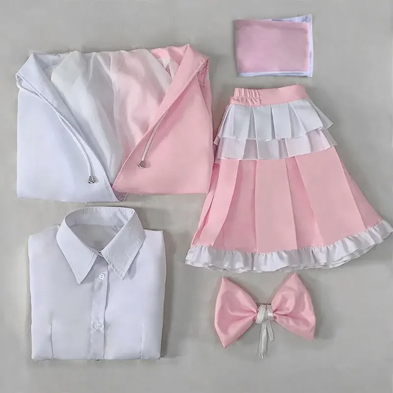 Monomi cosplay traje jk uniforme escolar com capuz jaqueta casaco saia camisa conjunto com peruca longa rosa adulto # 1 #   W