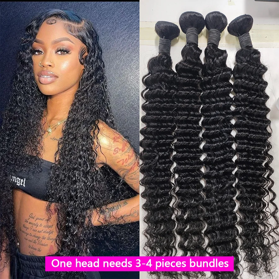 Deep Wave Human Hair Bundles For Women Brazilian Weaving 26 28 30 32Inch Virgin Hair Extensions Deep Wave Hair Bundles 1/3/4 Pcs