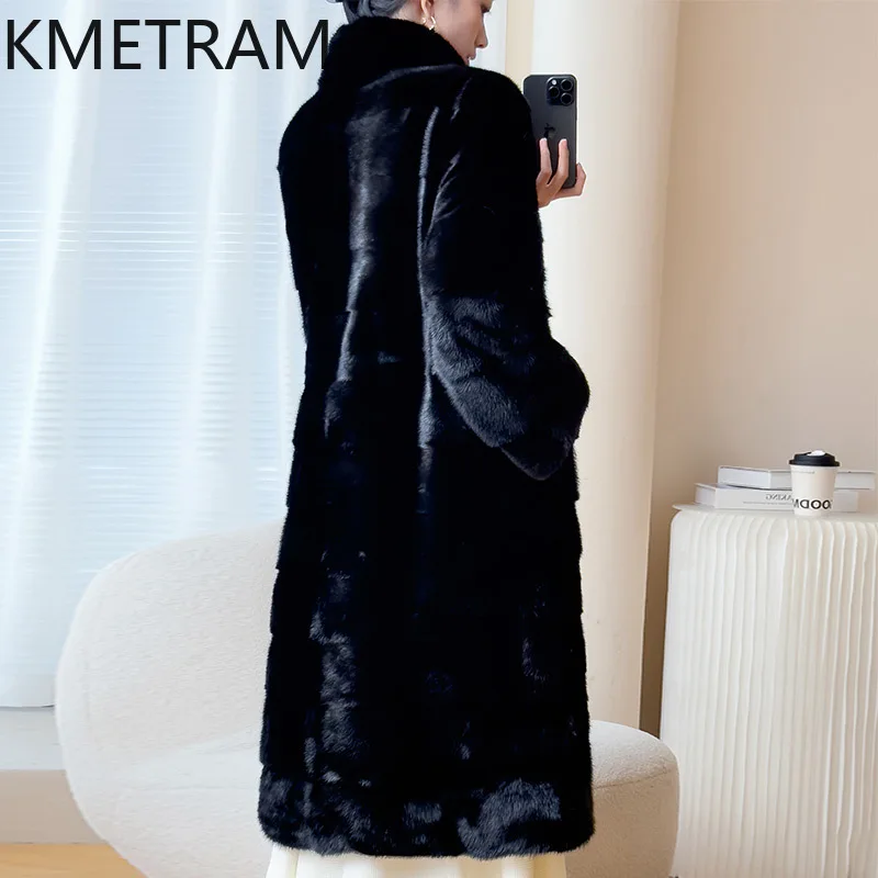 จริงทั้ง Mink FUR Coat ผู้หญิงหรูหราสีดํายาวเสื้อขนสัตว์คุณภาพสูงฤดูหนาวเสื้อผ้าผู้หญิง Furry แจ็คเก็ต 2025 
