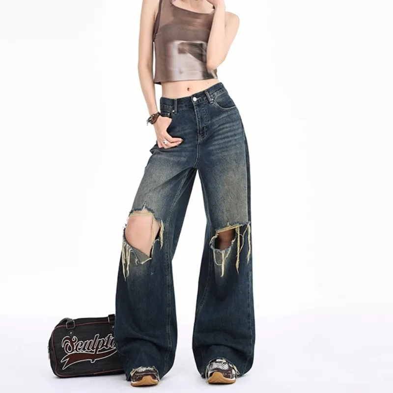 FINEWORDS High Waist Ripped Big Hole Vintage Jeans Women Korean Casual Streetwear Baggy Jeans Loose Washed Wide Leg Denim Pants