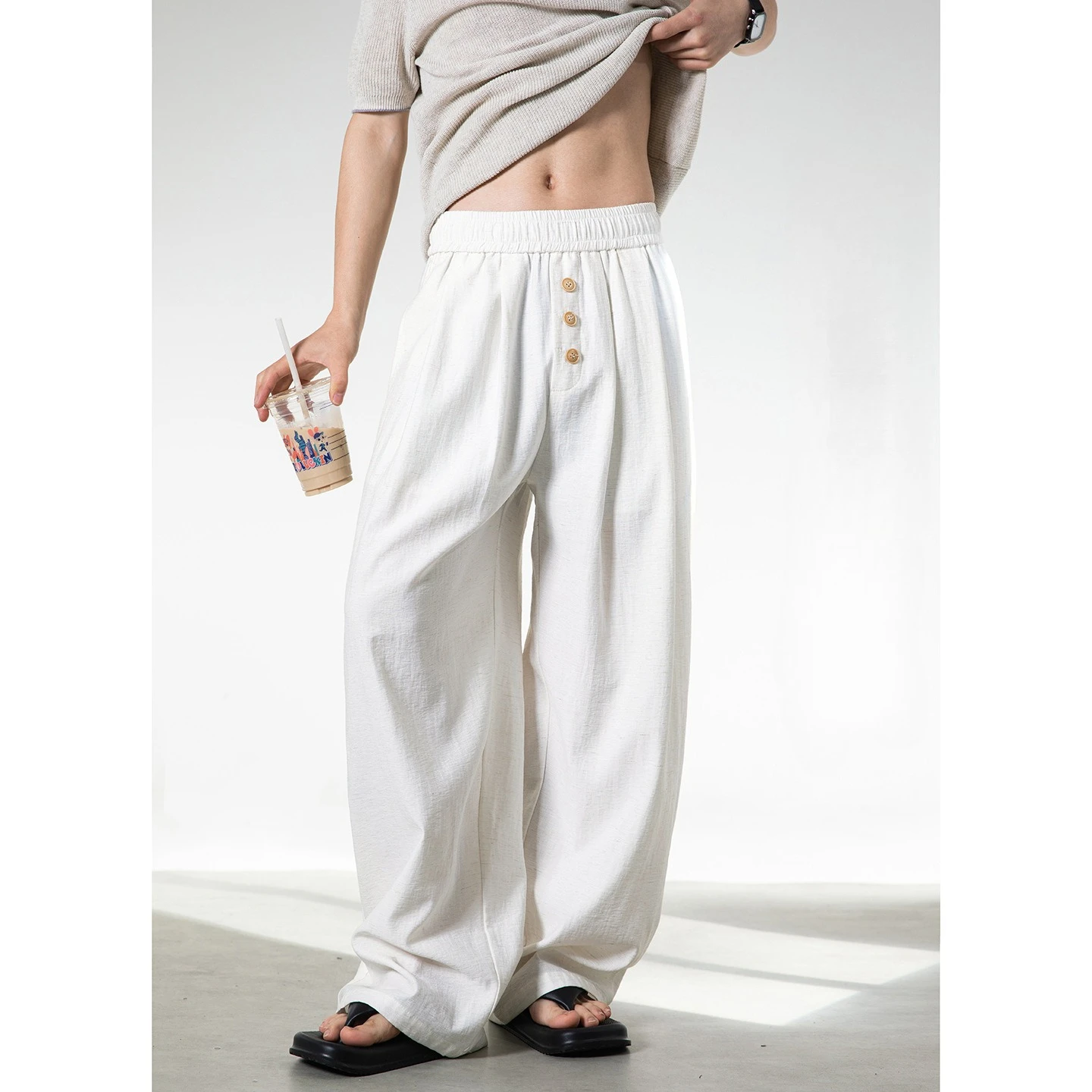 Imitation Cotton and Linen Casual Pants 2026 Men's Spring and Summer Loose Straight Button Decoration Solid Color
