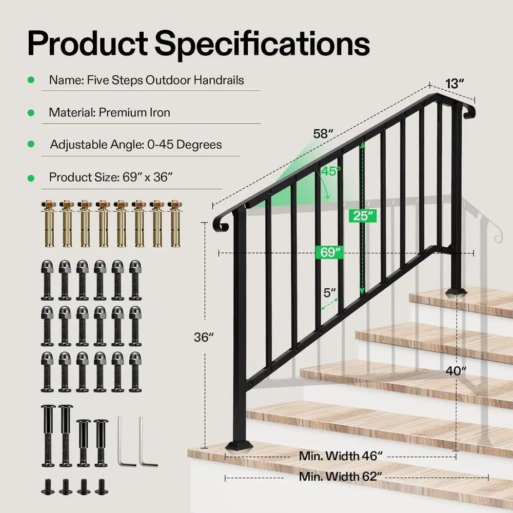 درابزين بخطوات، 69 × 36، يناسب 1-5 خطوات، درابزين من الحديد المطاوع، نهاية منحنية ودرابزينات، خطوات خرسانية/الشرفة، سهلة التجميع، Bla