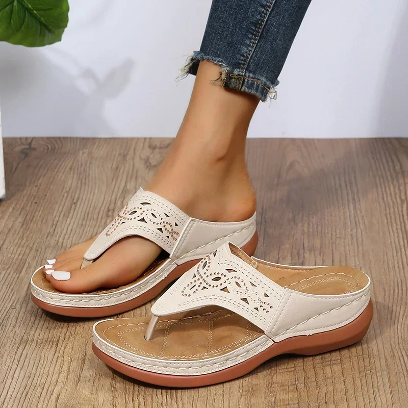 Women Platform Sandals Beach Casual Wedges Flip Flops Premium Orthopedic Open Toe Big Toe Anti-slip Outdoor PU Leather Shoes