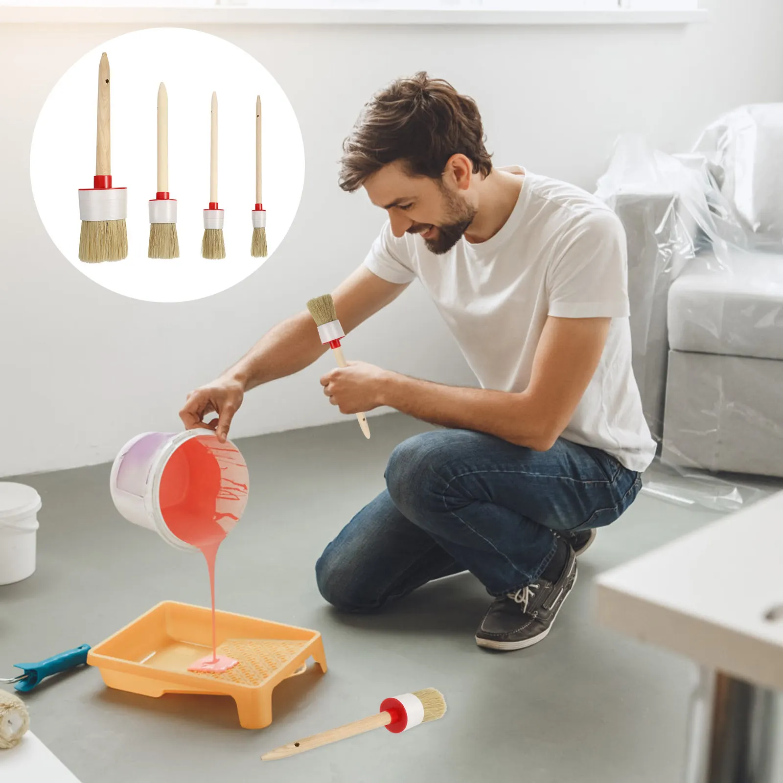 

Набор из 4 кистей с щетиной и деревянными ручками для удобного захвата, для домашней мебели, лака, пропитки, краски, художественных работ